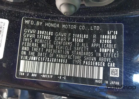 2018 Honda Civic Ex-L из США, поврежденный, VIN JHMFC1F7XJX019853